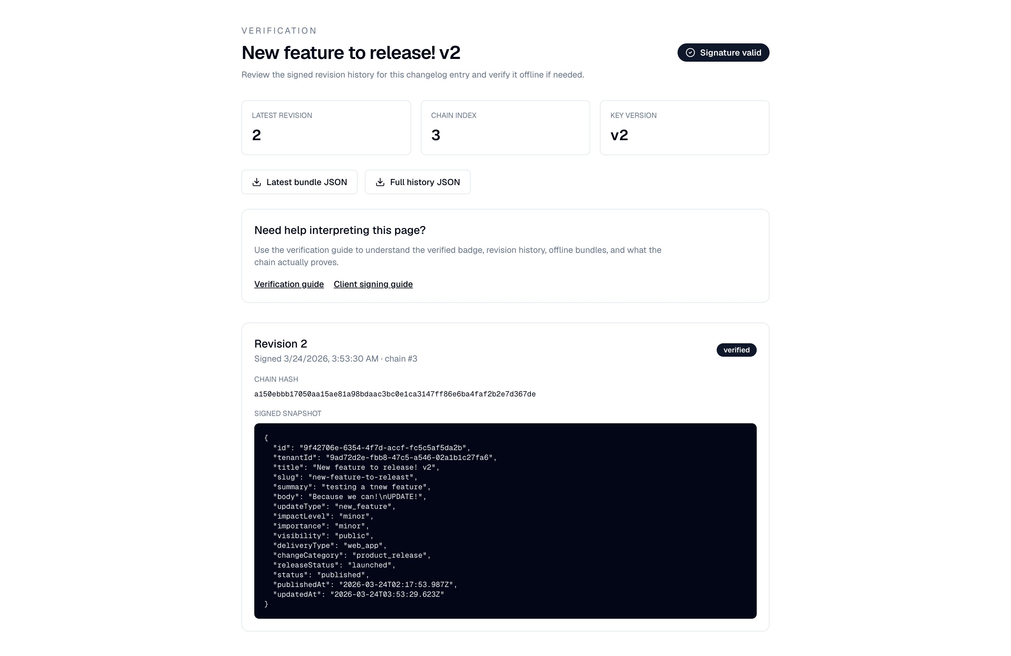 Verification page showing a valid signature status, revision metadata, bundle download links, and signed revision history.